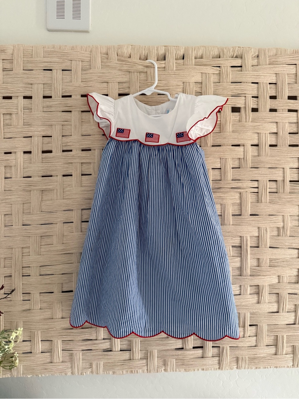 Classical Whimsy Girls Blue Pinstripe Patriotic Ruffle Dress